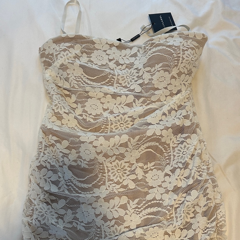 JLUXLABEL Strapless Lace Dress in Cream
